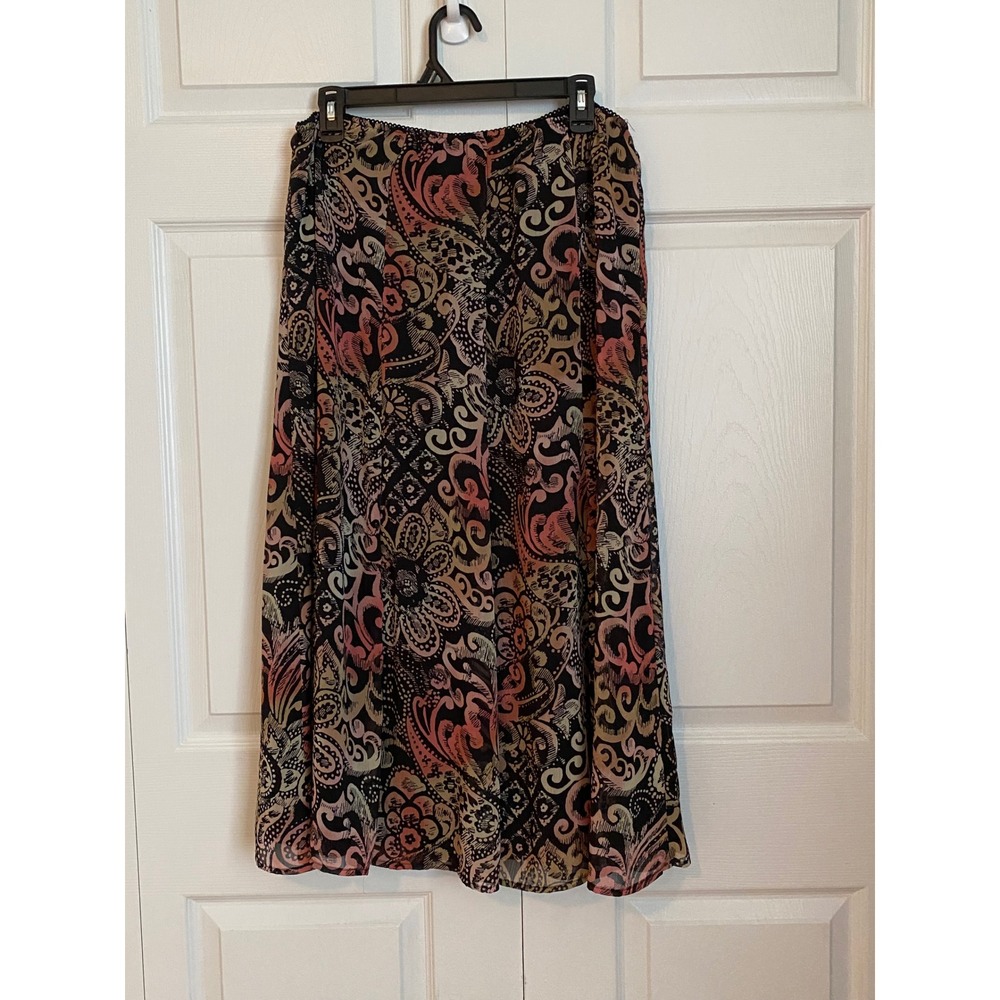 JM Collection Womens Paisley Floral Chiffon Midi Skirt Black Pink Elastic Waist